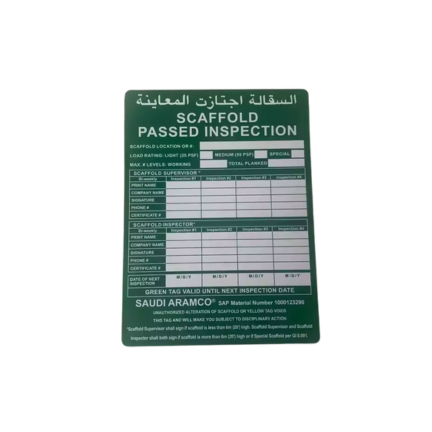 SCAFFOLDING TAG GREEN ARAMCO STD